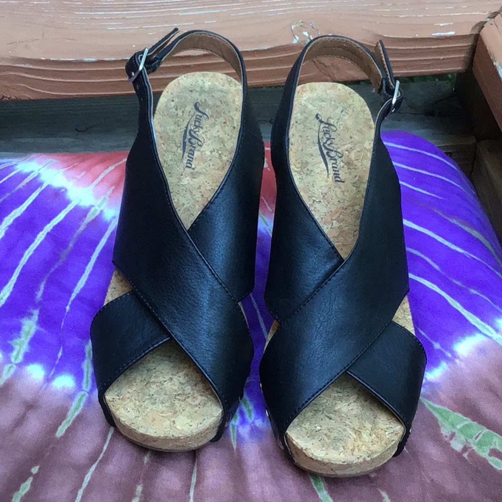 Lucky Brand Black LEATHER Sz 8 Wedges